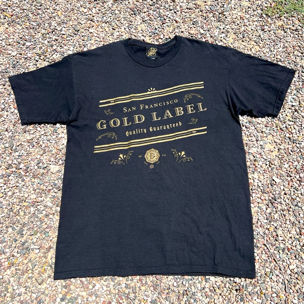 benny gold gold label made in usa black tee shirt with gold print skate hype ca